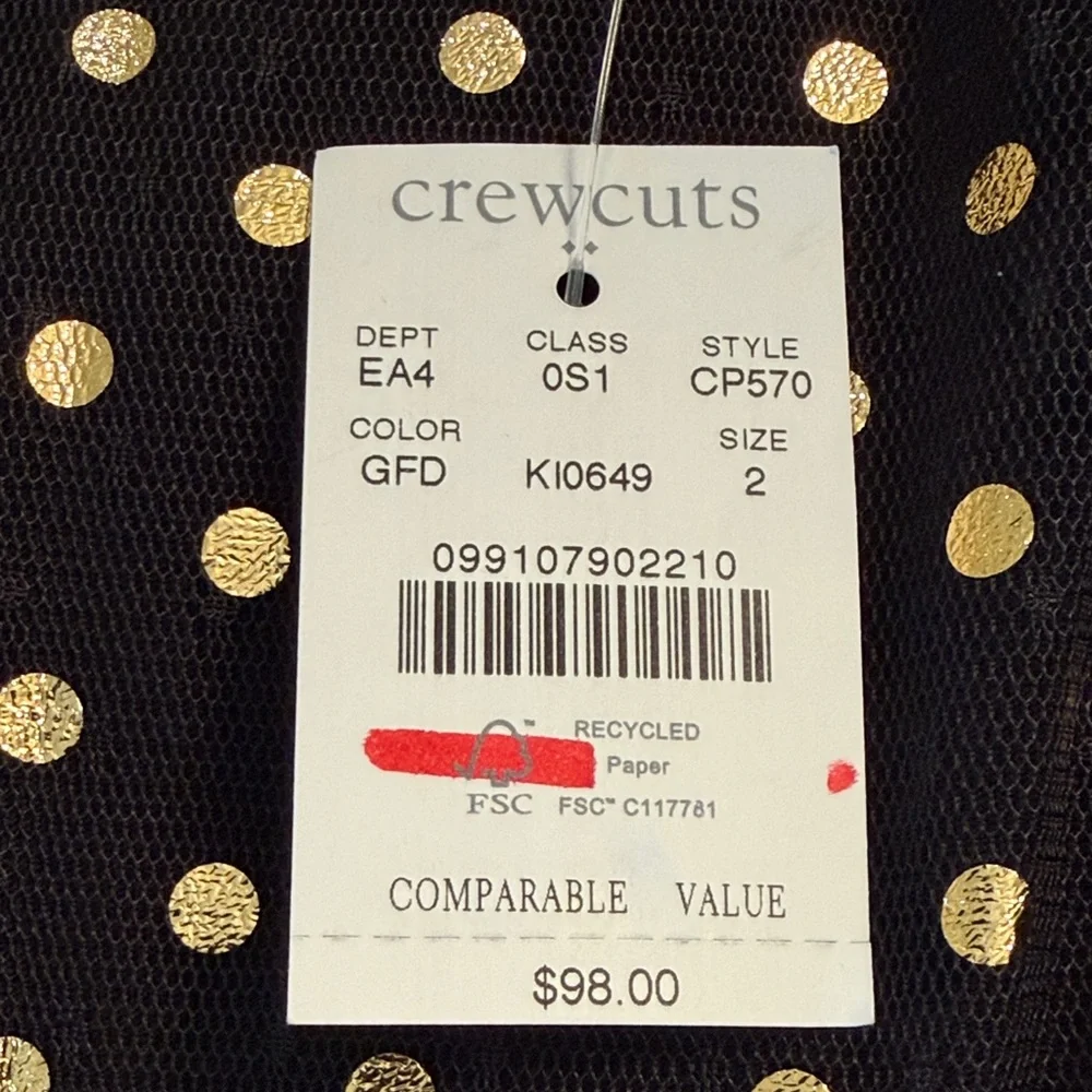J. Crew's Girls' Shiny Black and Gold Polka-Dot Dress/NWT/2